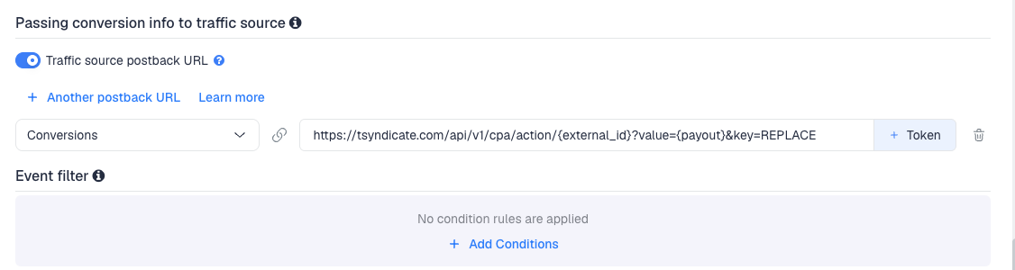 The Traffic source postback URL switched on, showing the TrafficStars template's postback