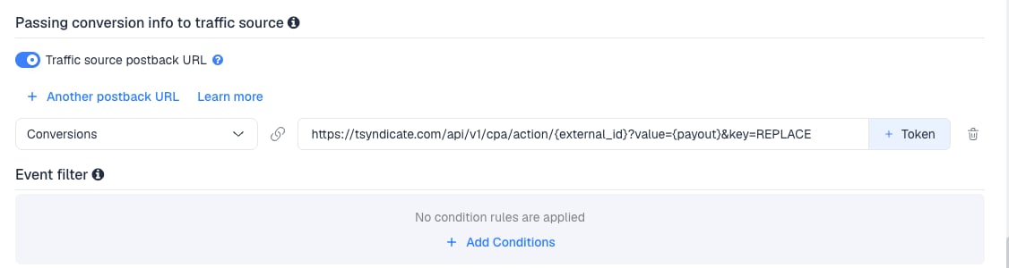 The Traffic source postback URL switched on, showing the TrafficStars template's postback