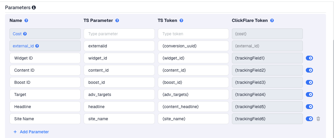 The Revcontent template's Parameters table in ClickFlare, with Revcontent's macros pre-filled