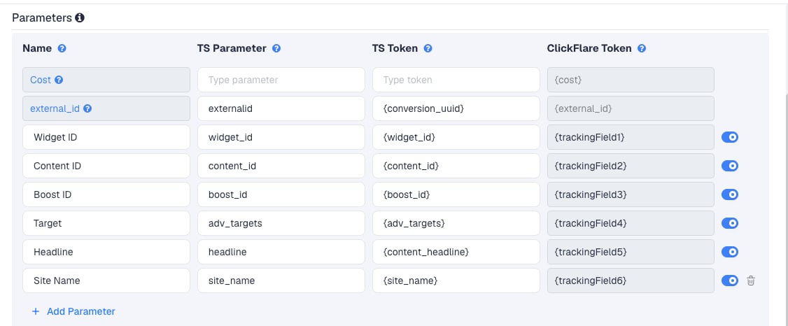 The Revcontent template's Parameters table in ClickFlare, with Revcontent's macros pre-filled