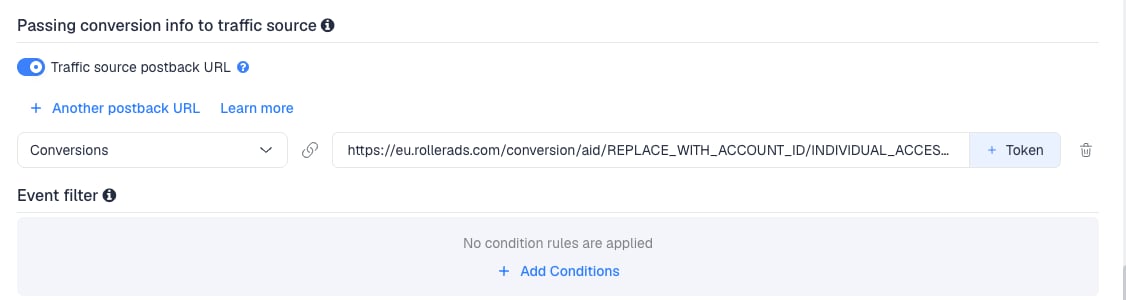 The Traffic source postback URL switched on, showing the RollerAds template's postback
