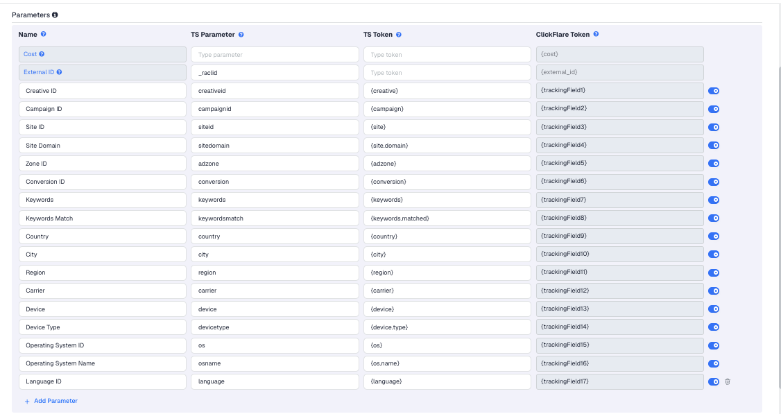 The Rumble template's Parameters table in ClickFlare, with Rumble's macros pre-filled