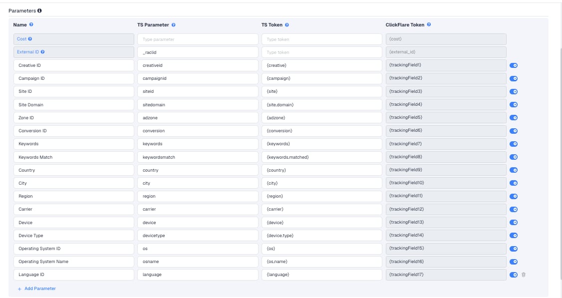 The Rumble template's Parameters table in ClickFlare, with Rumble's macros pre-filled