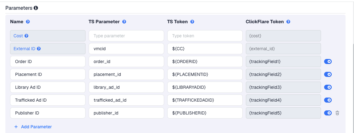 The Yahoo DSP template's Parameters table in ClickFlare, with Yahoo DSP's macros pre-filled