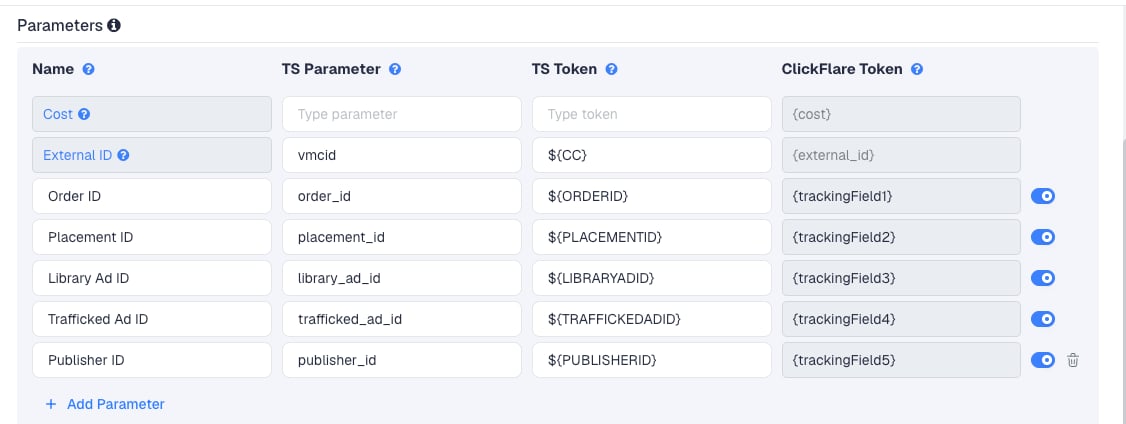 The Yahoo DSP template's Parameters table in ClickFlare, with Yahoo DSP's macros pre-filled
