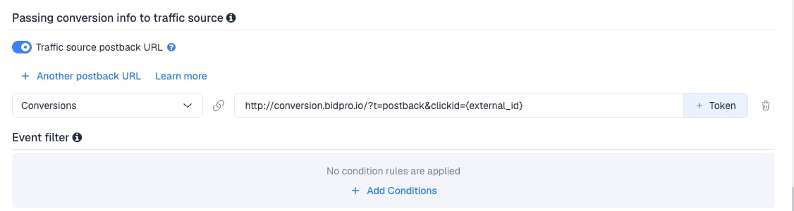 The Traffic source postback URL switched on, showing the A4G DSP template's postback