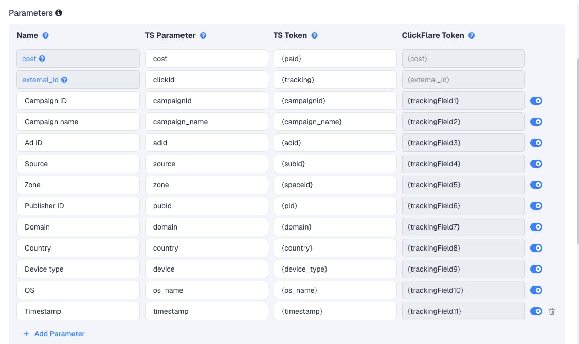 The Reacheffect template's Parameters table in ClickFlare, with Reacheffect's macros pre-filled