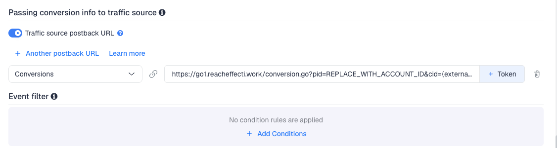 The Traffic source postback URL switched on, showing the Reacheffect template's postback