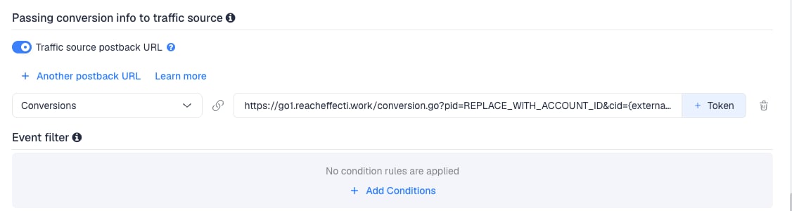 The Traffic source postback URL switched on, showing the Reacheffect template's postback