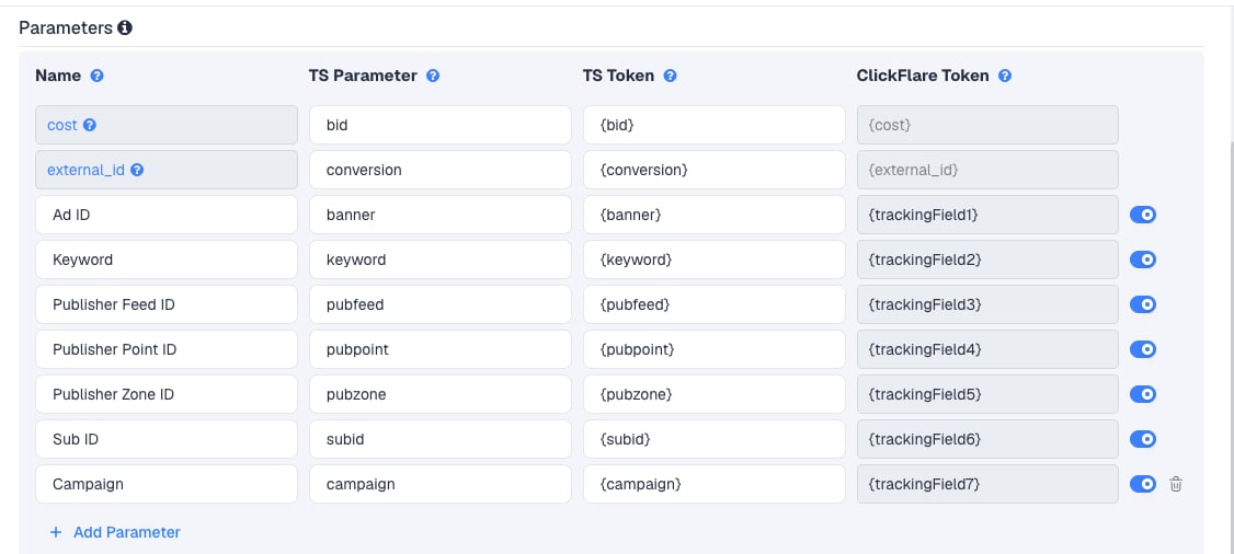 The RTX Platform Pops template's Parameters table in ClickFlare, with RTX Platform Pops' macros pre-filled