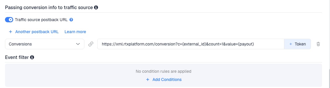 The Traffic source postback URL switched on, showing the RTX Platform Pops template's postback