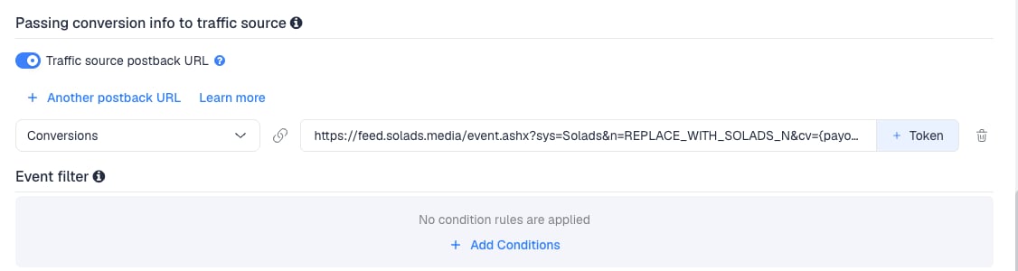 The Traffic source postback URL switched on, showing the SolAds Media template's postback