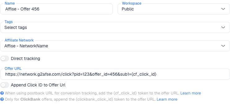 The ClickFlare New Offer form with the Affise affiliate network selected and sub1={cf_click_id} at the end of the Offer URL