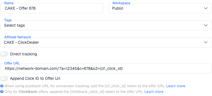 The ClickFlare New Offer form with the CAKE affiliate network selected and s2={cf_click_id} at the end of the Offer URL