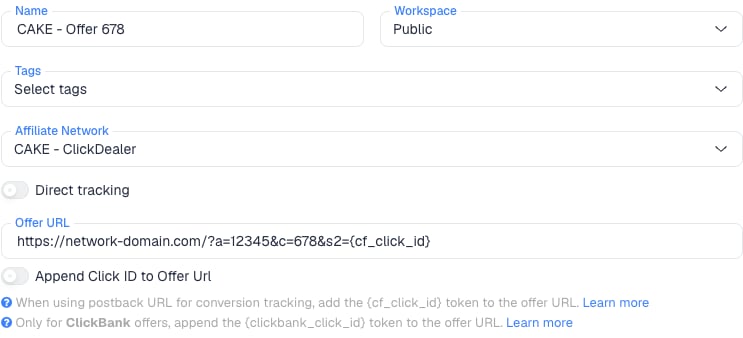 The ClickFlare New Offer form with the CAKE affiliate network selected and s2={cf_click_id} at the end of the Offer URL