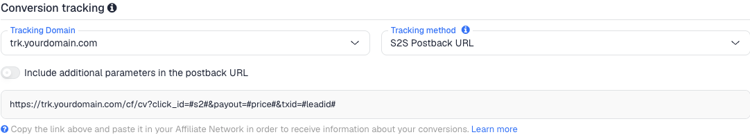 The Conversion tracking section of the CAKE network in ClickFlare, with the generated postback URL: click_id=#s2#, payout=#price# and txid=#leadid#