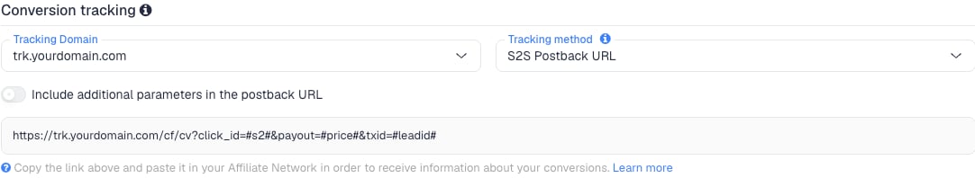 The Conversion tracking section of the CAKE network in ClickFlare, with the generated postback URL: click_id=#s2#, payout=#price# and txid=#leadid#