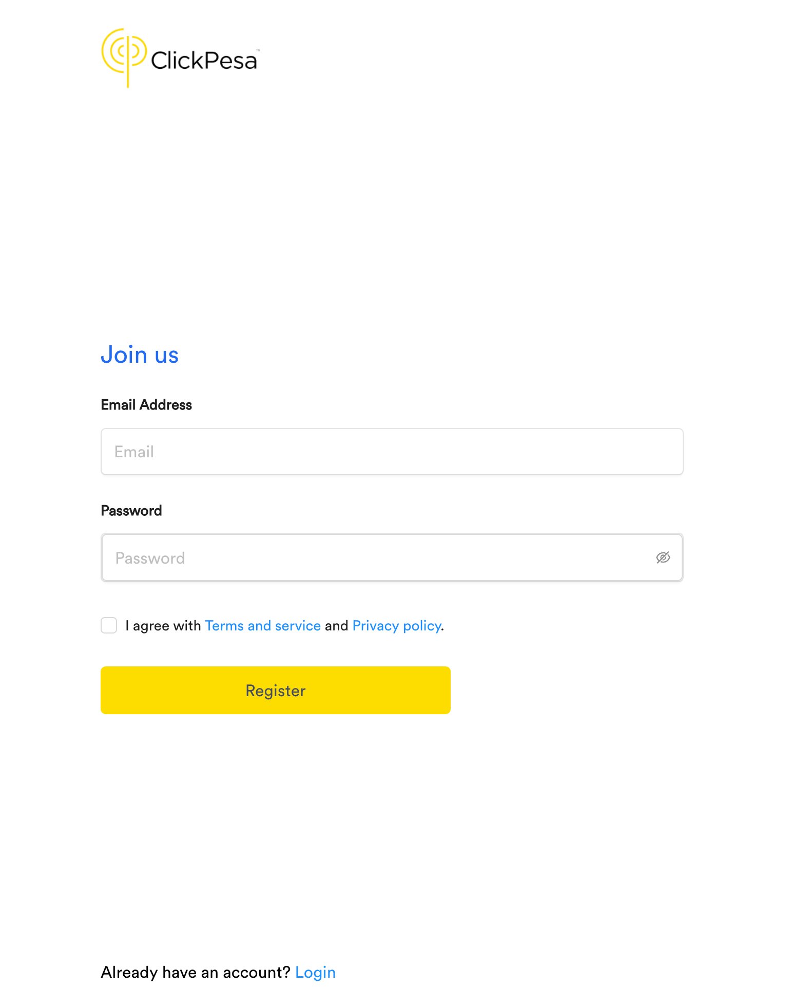 ClickPesa account registration form