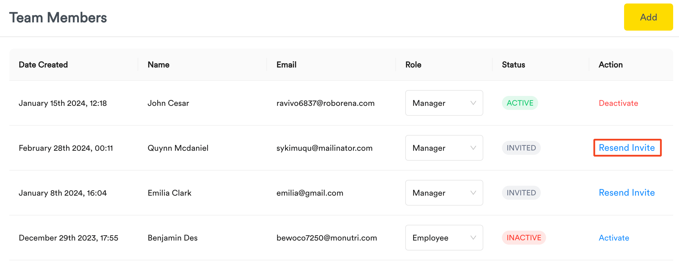 Resend team invitation button