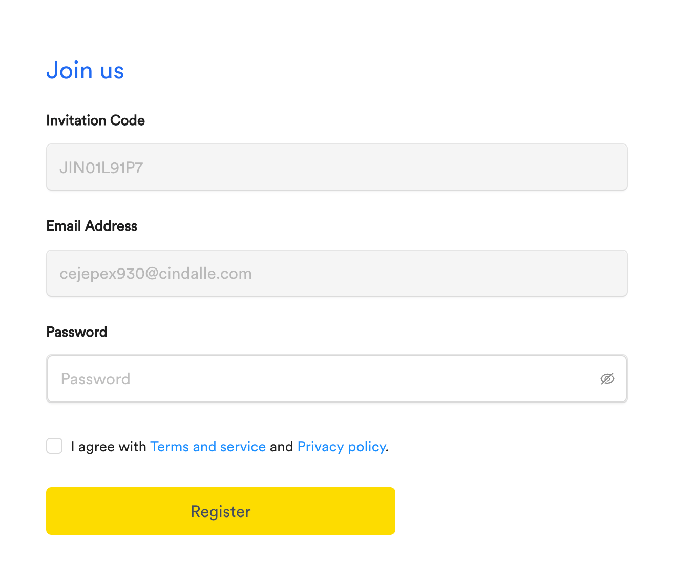 Team member password setup screen