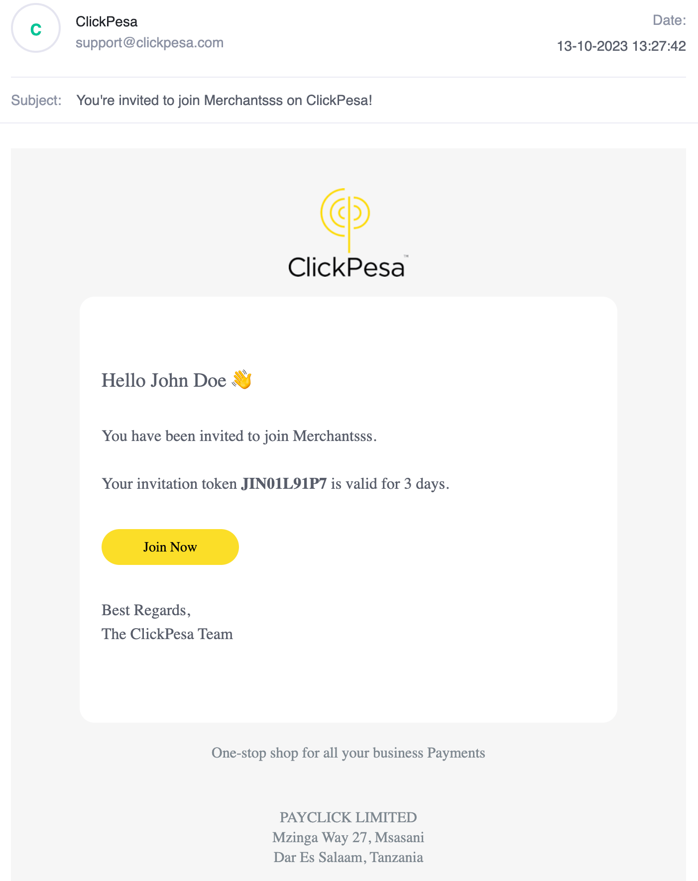 Team member invitation email
