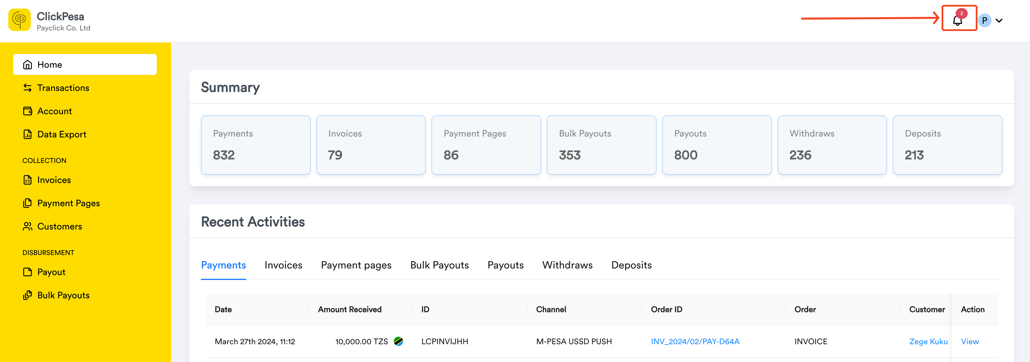 Notification icon in Merchant Dashboard header