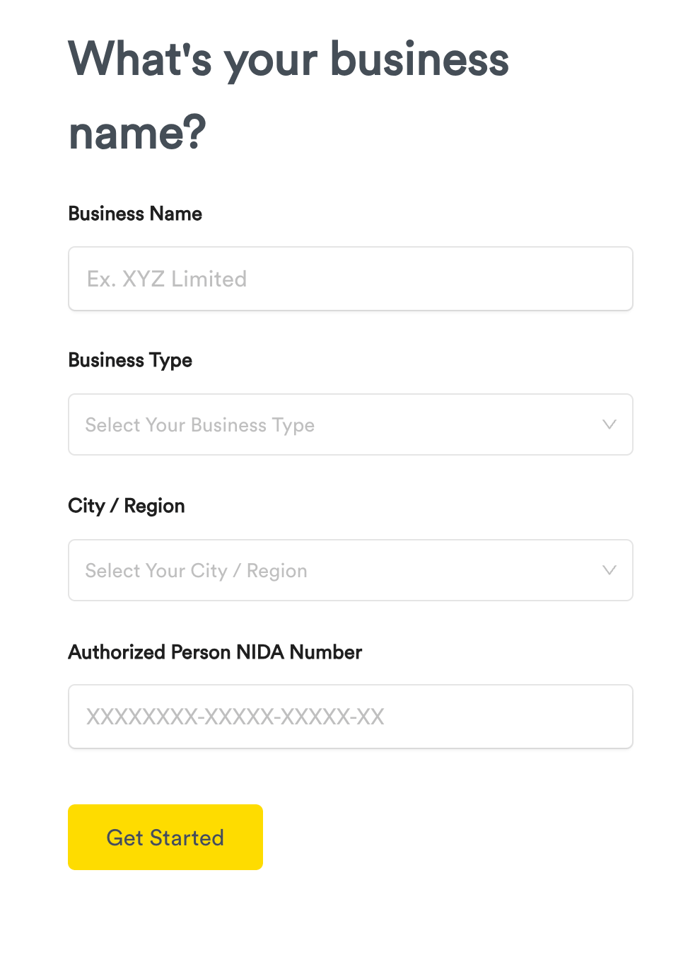 Business name entry during first login