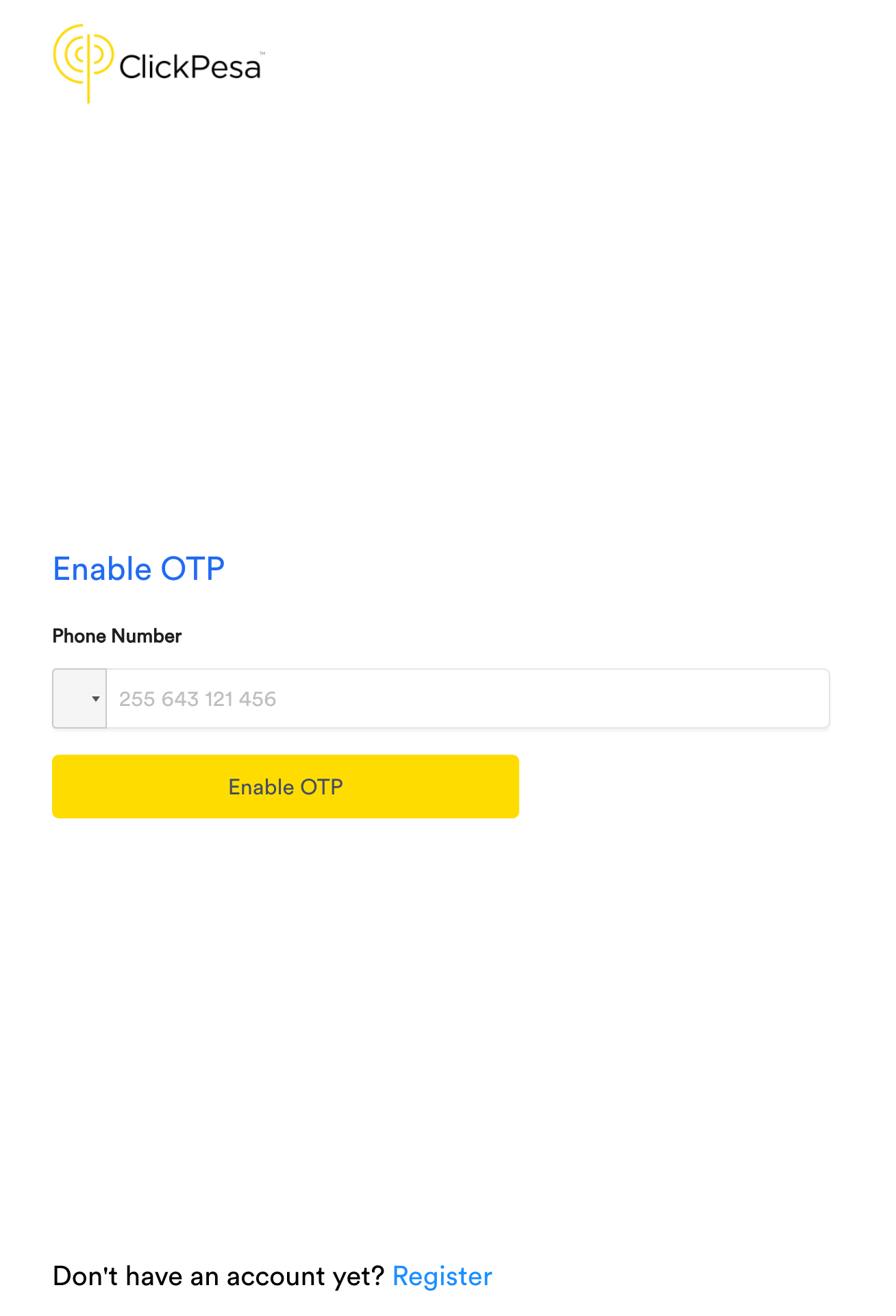 OTP phone number entry screen