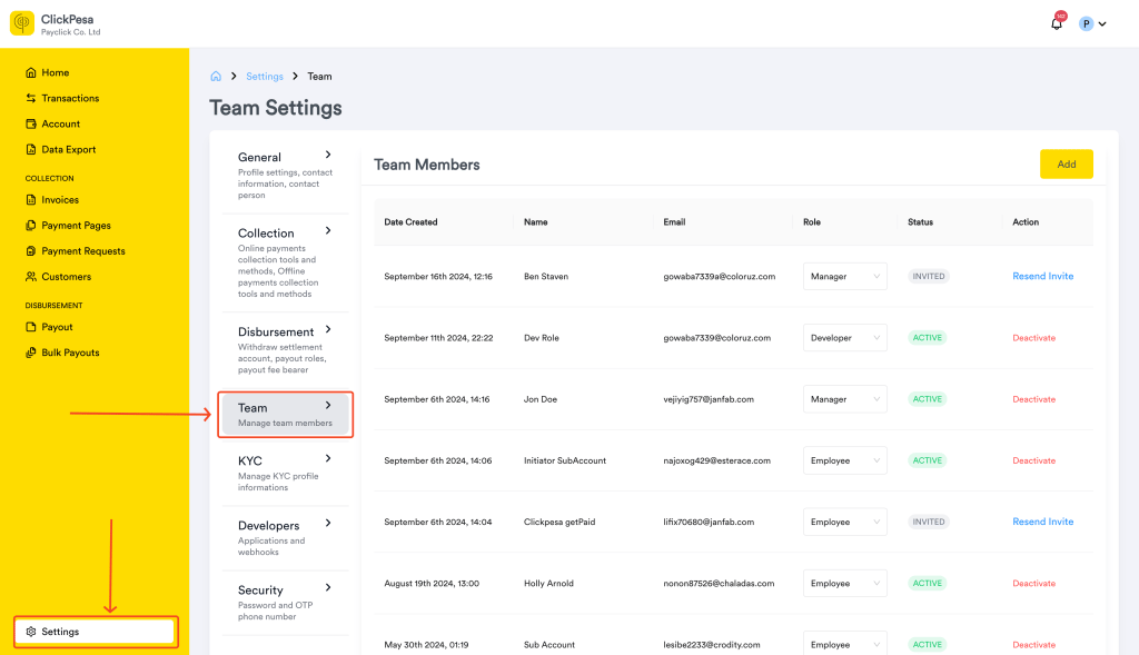 Team settings page in Merchant Dashboard