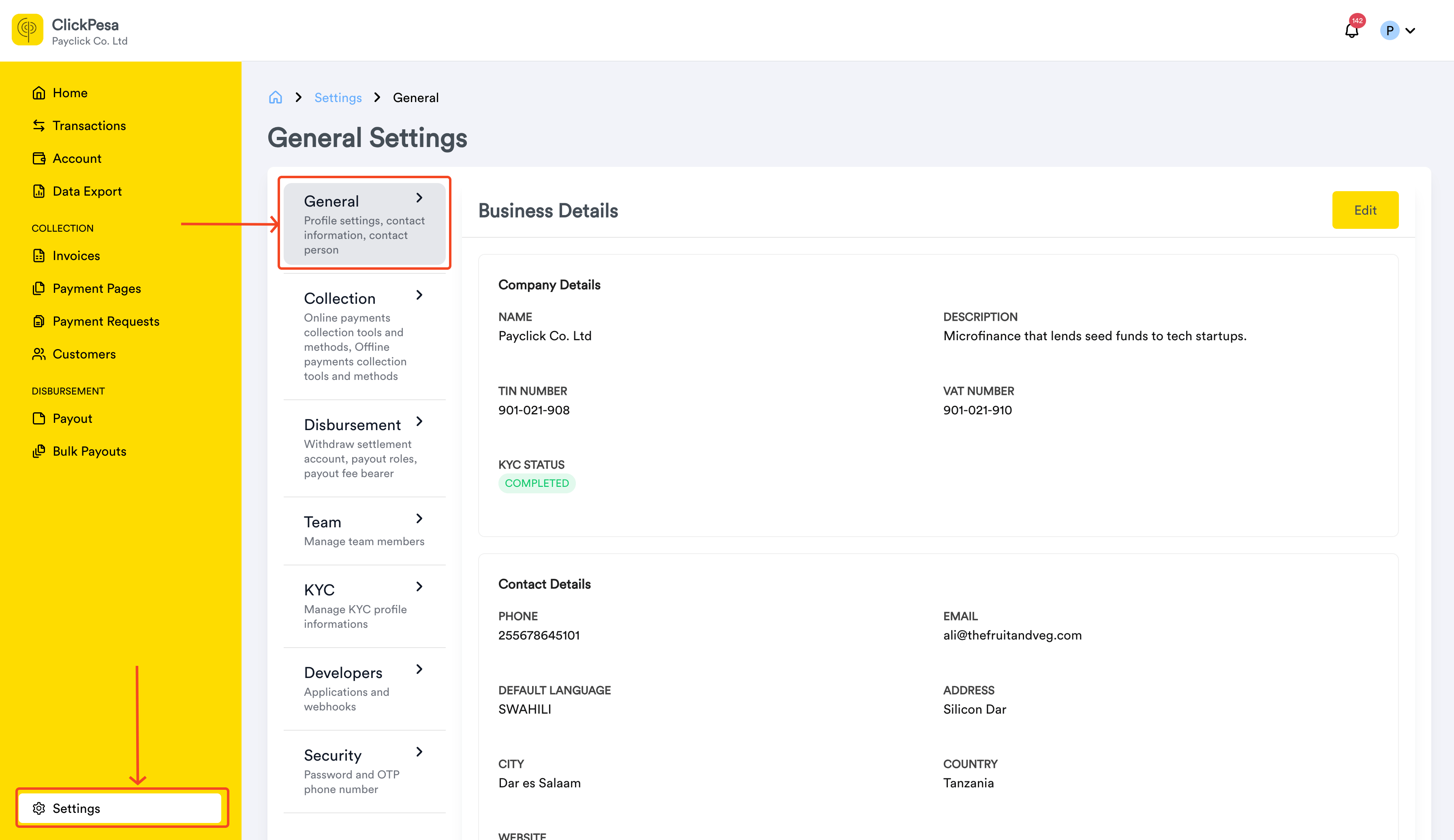 Settings sidebar with General selected