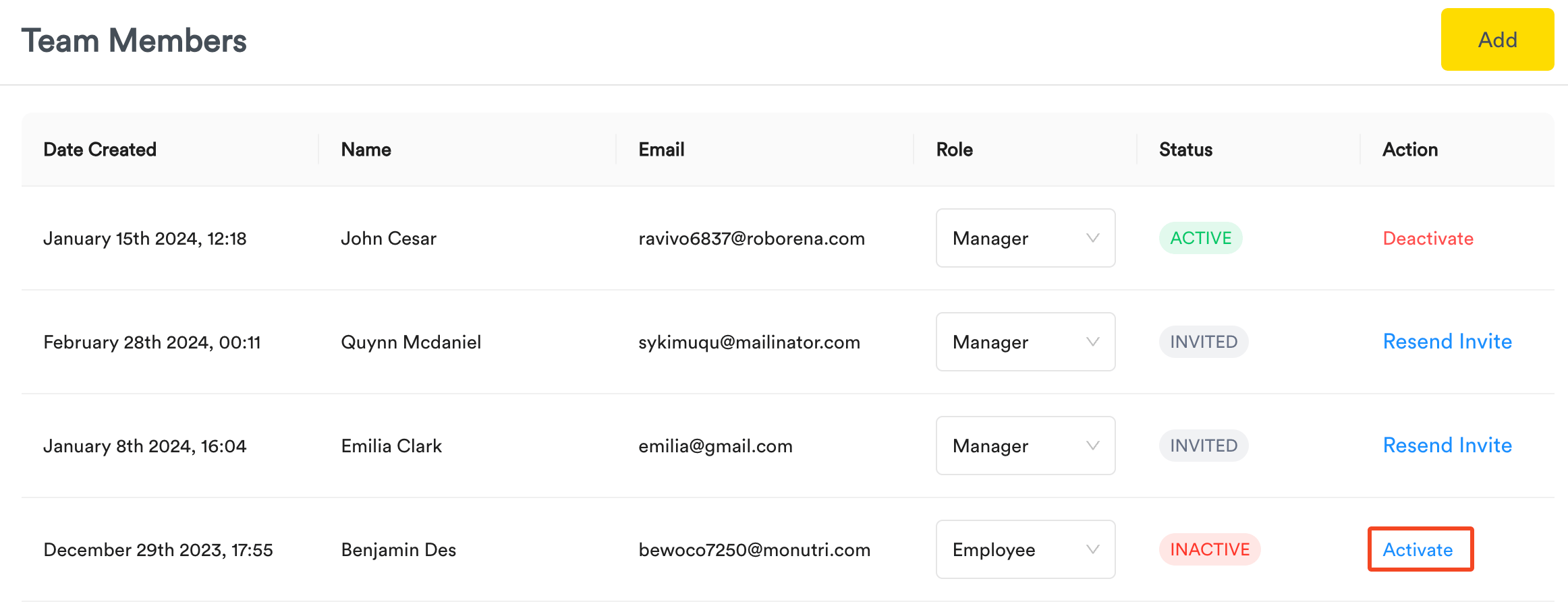 Activate team member button
