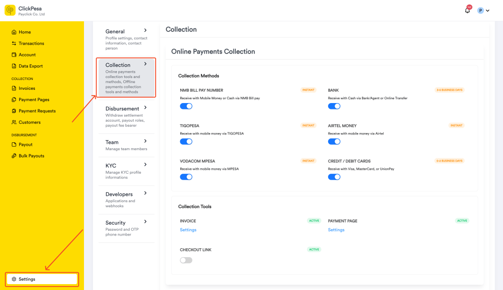 Collection settings page