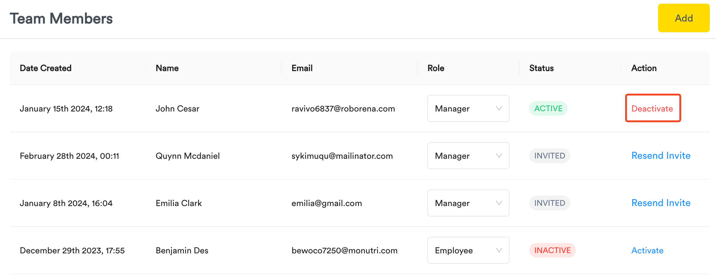 Deactivate team member button