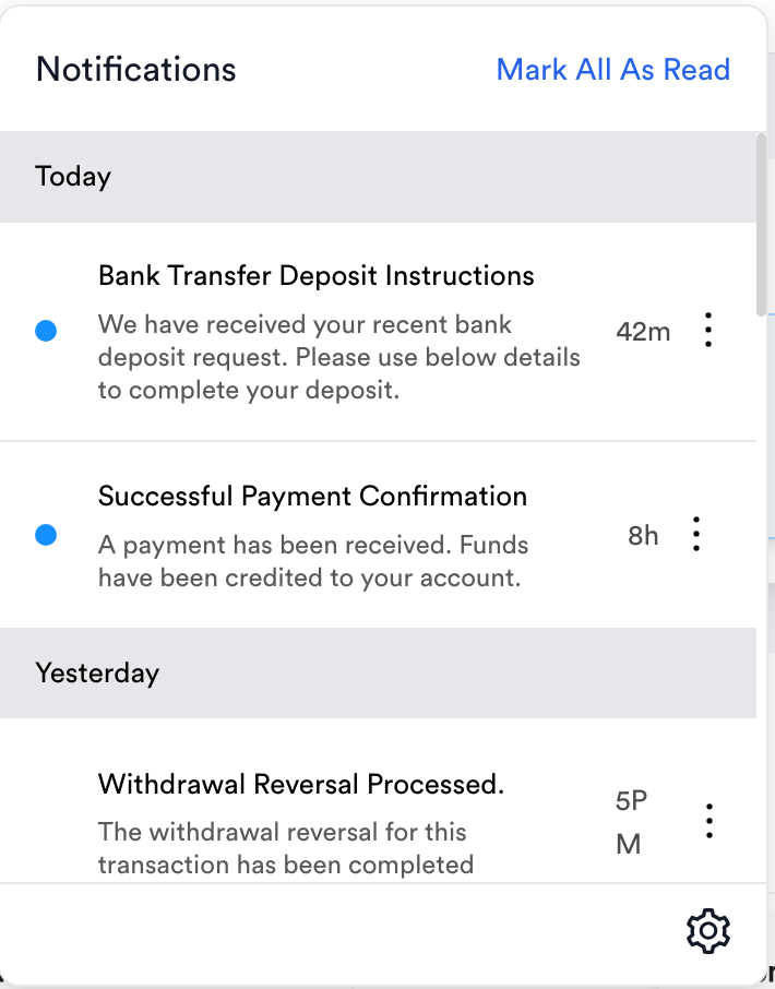 In-app notifications panel