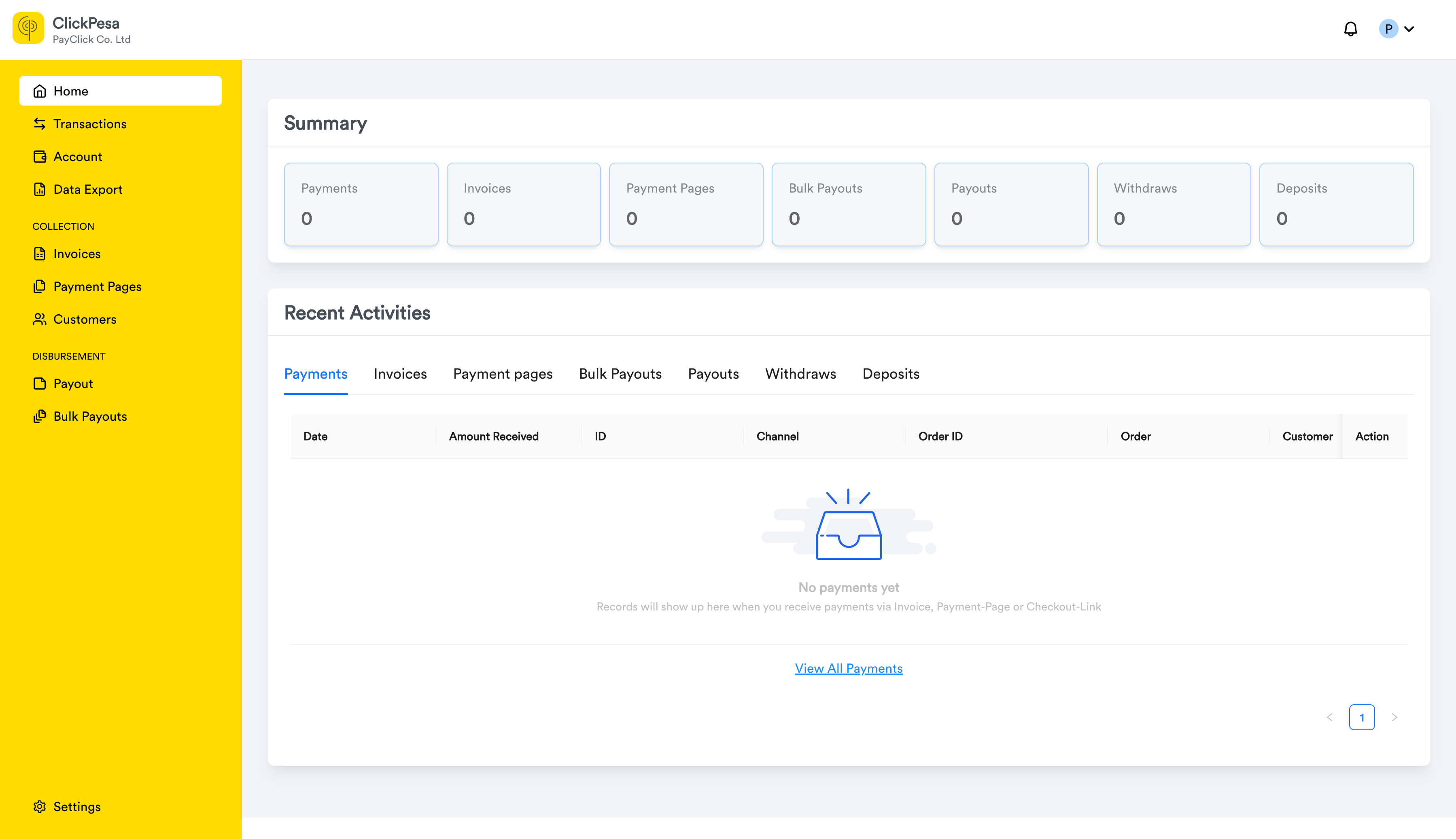 Merchant Dashboard homepage after registration