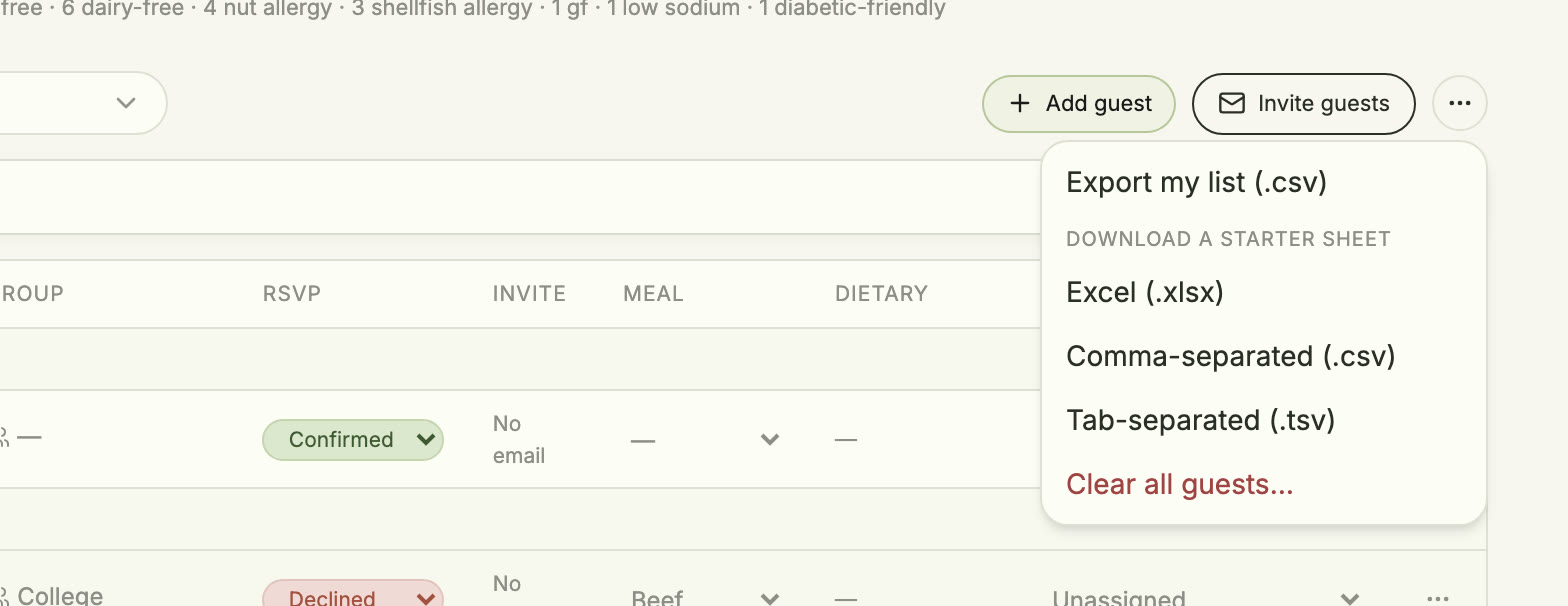 The More menu with Export my list and the starter sheet downloads