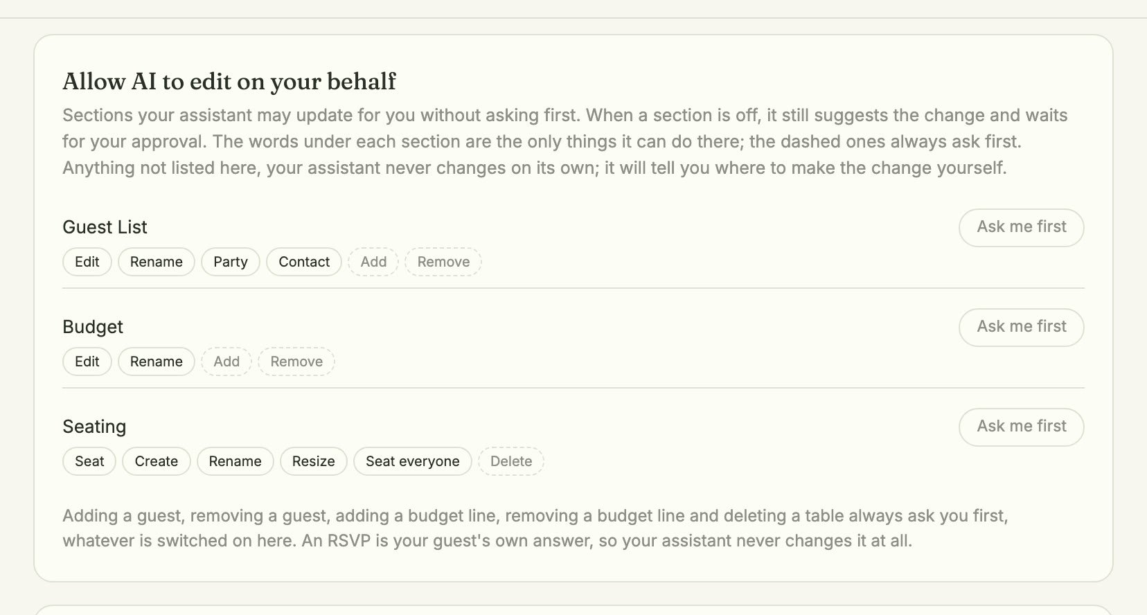 Allow AI to edit on your behalf, with Guest List, Budget and Seating set to Ask me first