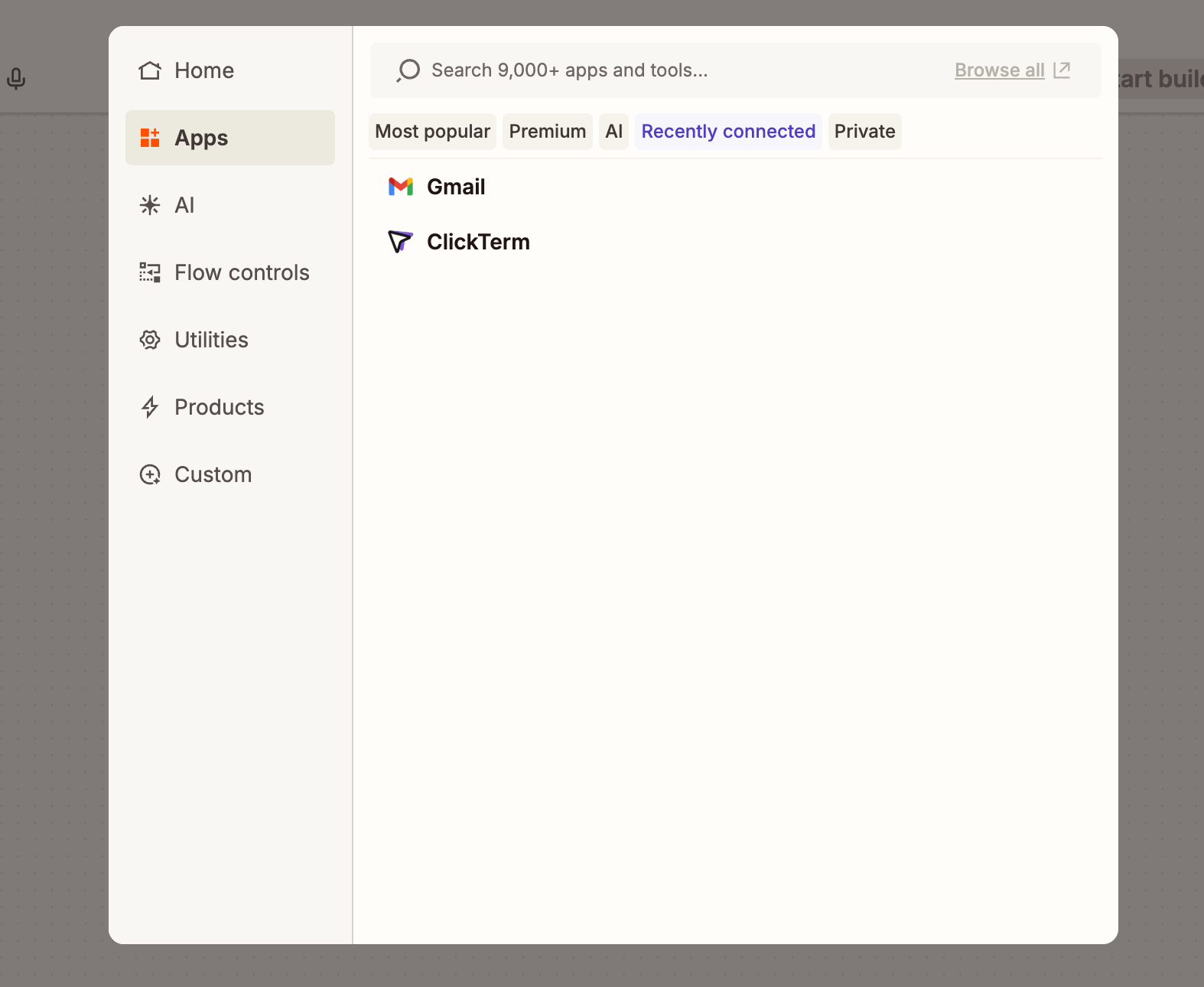Searching for the ClickTerm Zapier app in the Zap editor