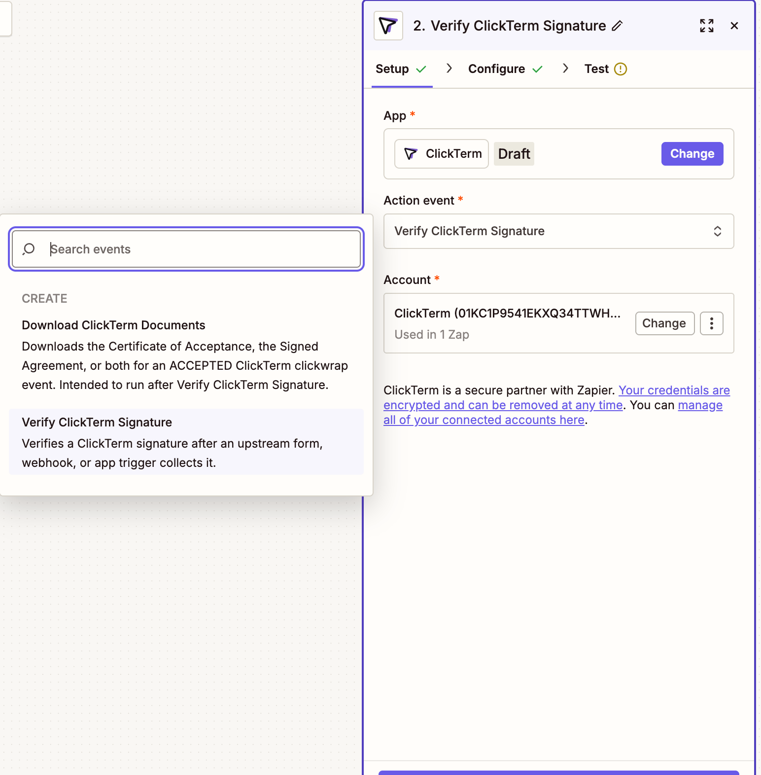 Configuration screen for the ClickTerm Zapier app step