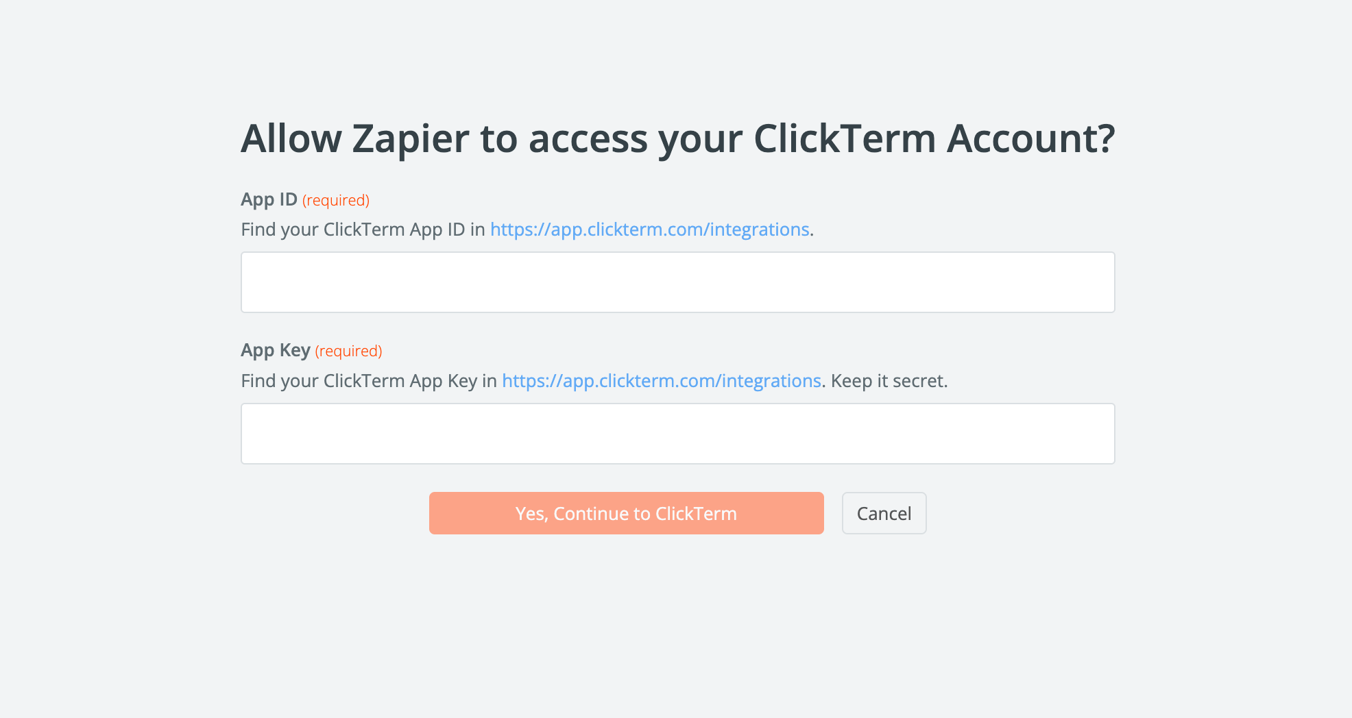 Zapier authorization screen for connecting a ClickTerm App's appId and appKey