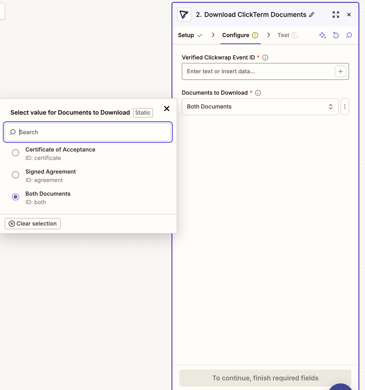 Zapier step configuration for downloading a ClickTerm Agreement or Certificate