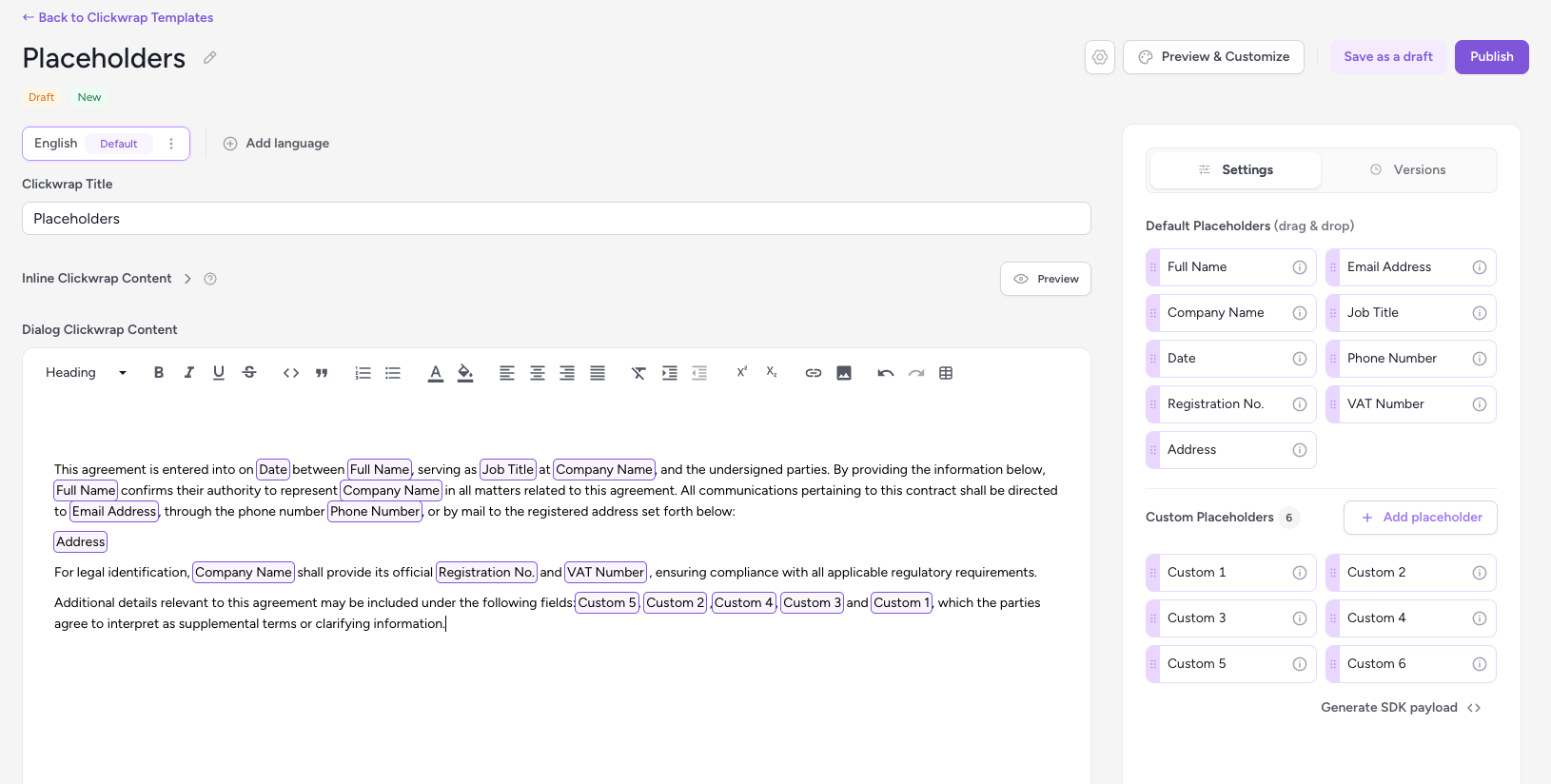 Template editor showing default and custom placeholders
