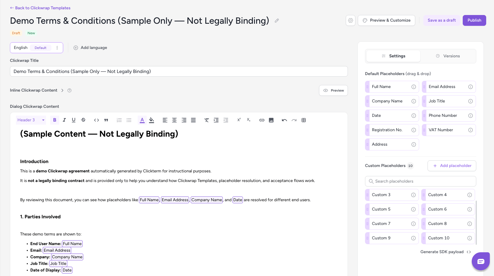 Template content editor showing dialog clickwrap content