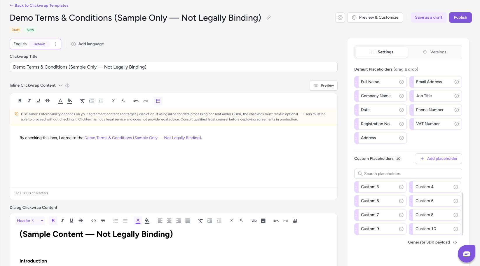 Template editor showing the Inline Content field above the Clickwrap Content editor