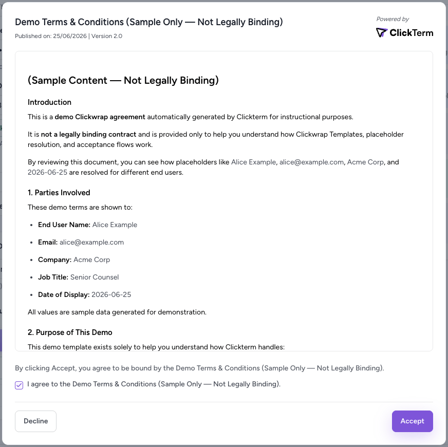 Sample clickwrap dialog displaying a Terms and Conditions agreement