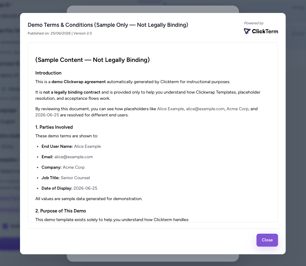 A read-only dialog showing the full clickwrap agreement content with a Close button, displayed over the dimmed registration form after the user clicked the agreement link in the inline checkbox