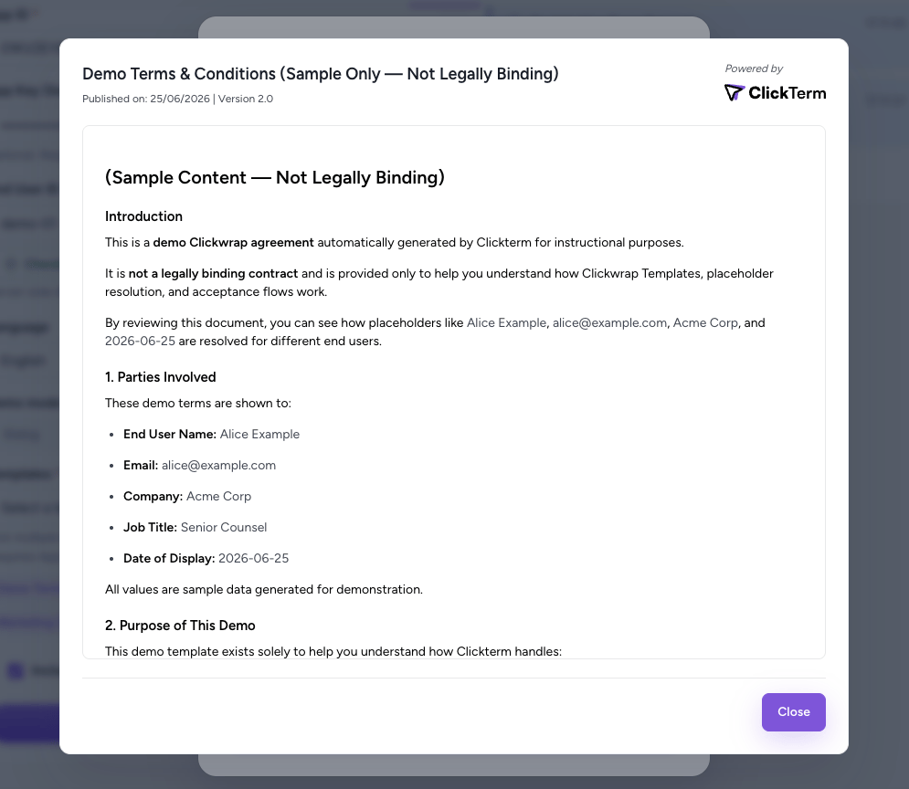 A read-only dialog showing the full clickwrap agreement content with a Close button, displayed over the dimmed registration form after the user clicked the agreement link in the inline checkbox