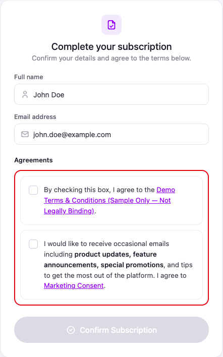 An inline clickwrap consent checkbox embedded in a subscribe form (Web SDK)