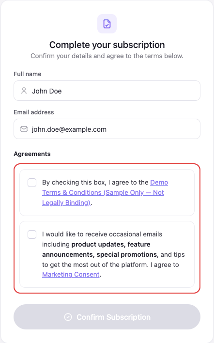 An inline clickwrap consent checkbox embedded in a subscribe form (Web SDK)