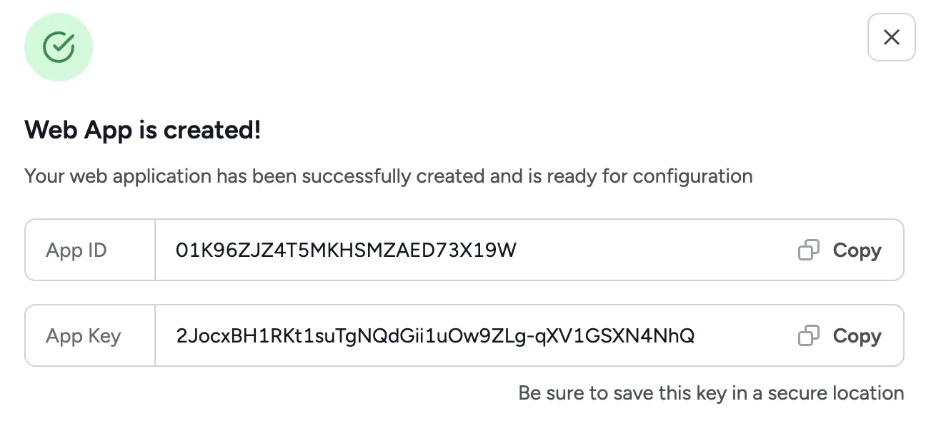 Confirmation dialog displaying a new App ID and App Key
